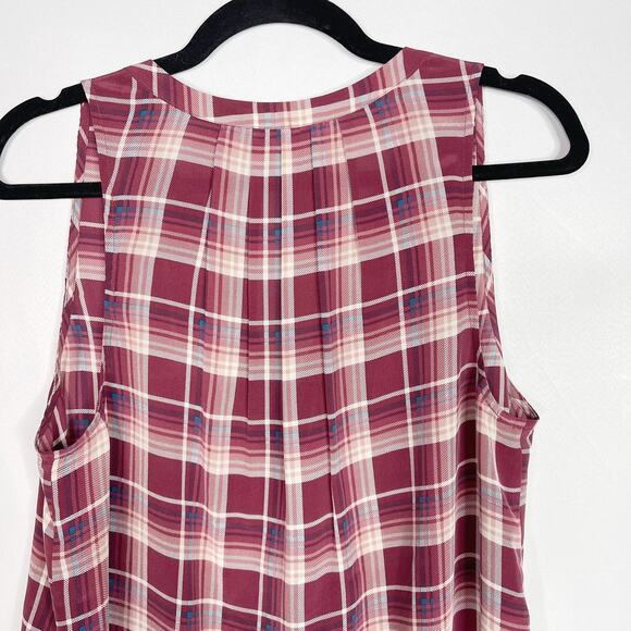 Joie Medium M Aruna Silk Plaid Sleeveless Blouse Top V Neck Red Pink Womens - Picture 5 of 12
